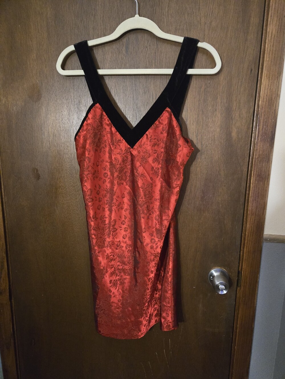Y2K Red Brocade Slip Dress with Black Velvet Trim Medium